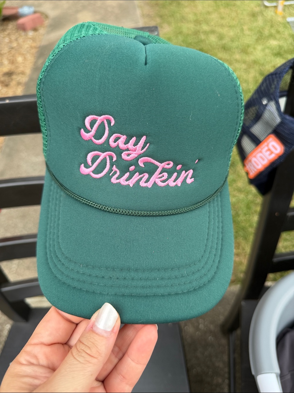 Green Trucker Hat with Pink "Day Drinkin'" Embroidery